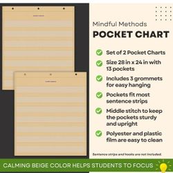 2 Pieces of Pocket Charts in Calming Beige Color Helping Students to Focus,13 Clear Pockets, 28 inches x 24 inches, Classroom Pocket Chart, Standard P
