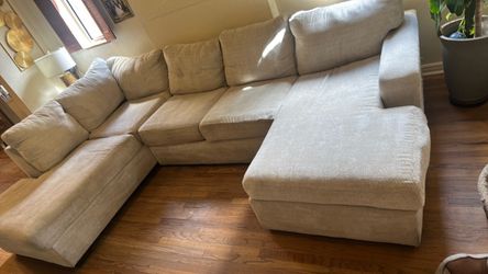 Large Beige Fabric Sectional Sofa with Chaise