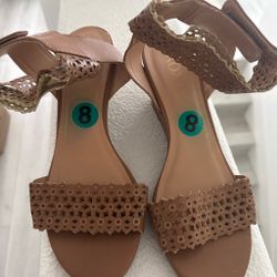 Tan Laser Cut Heeled Sandals Size 8