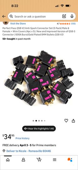 Perfect Pass QS8-V2 Anti-Spark Connector Set (5 Pack) Male & Female + Wire Covers (4pc x 5) / New and Improved Version of QS8-S Connector / 600A Burst