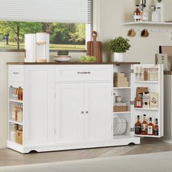 Kitchen Island with Wheels & Adjustable Shelf, 2 Drawer Modern Buffet Cabinet Sideboard Coffee Bar for Dining Room Living Room, White