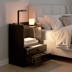 ORNN Black Led Lighting Nightstand with Charging Station, 2 Drawers, Open Shelf, Cable Port