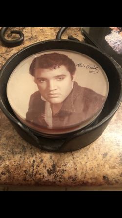 Elvis glass coasters and holder