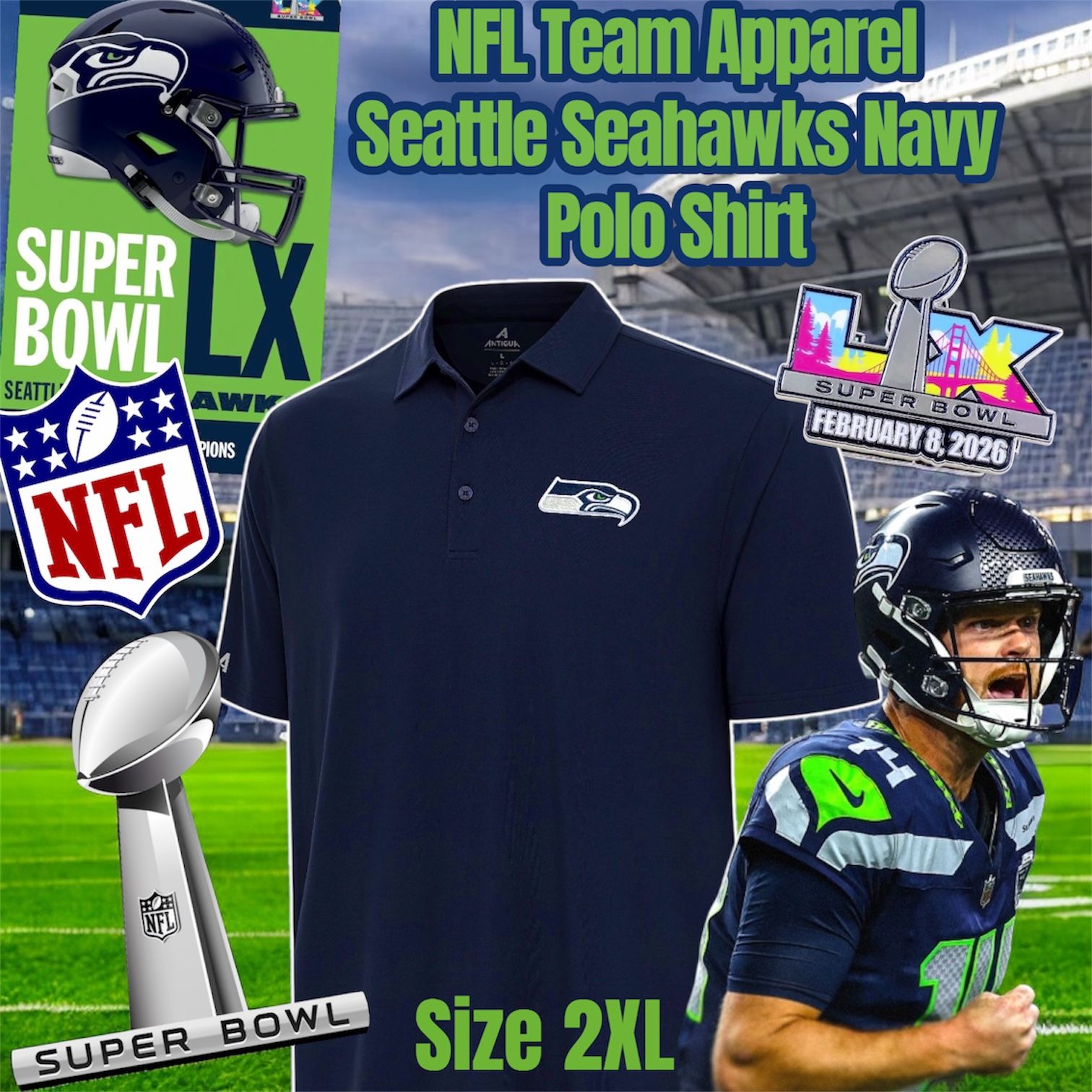Seattle Team Merch NFL Team Apparel, NFL Seattle Seahawks Navy Polo Shirt, Size 2XL for ...