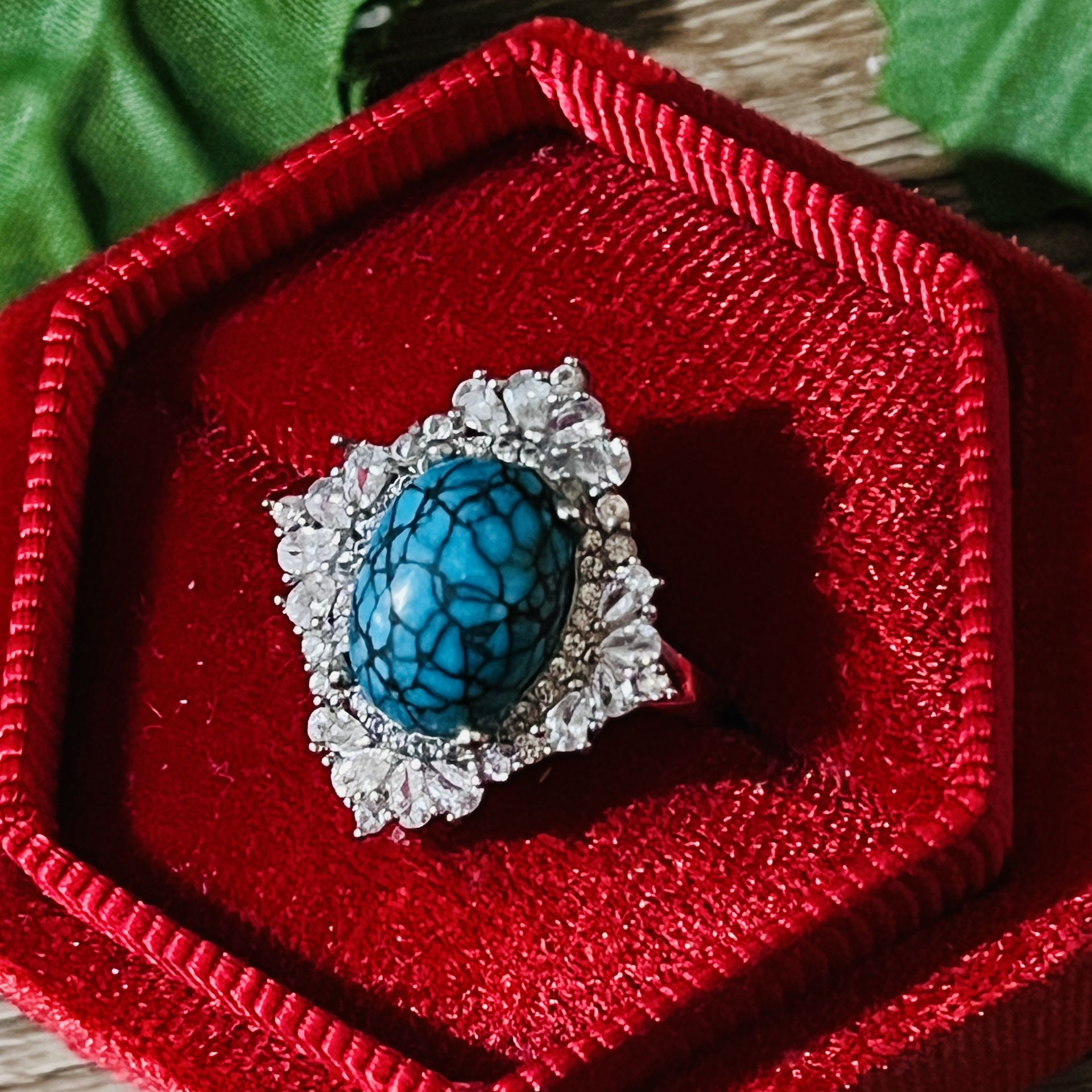 Natural Spiderweb Turquoise Ring Deco Diamond Halo