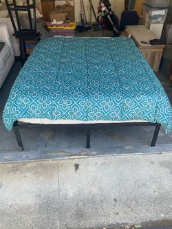 Queen mattress, frame, comforter, and sheets