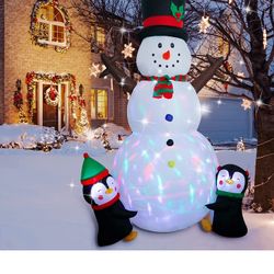 8FT Christmas Decorations Inflatable Snowman, Blow Up Snowman Christmas Yard Decoration with Penguins & Built-in Colorful Rotating LED Lights,

