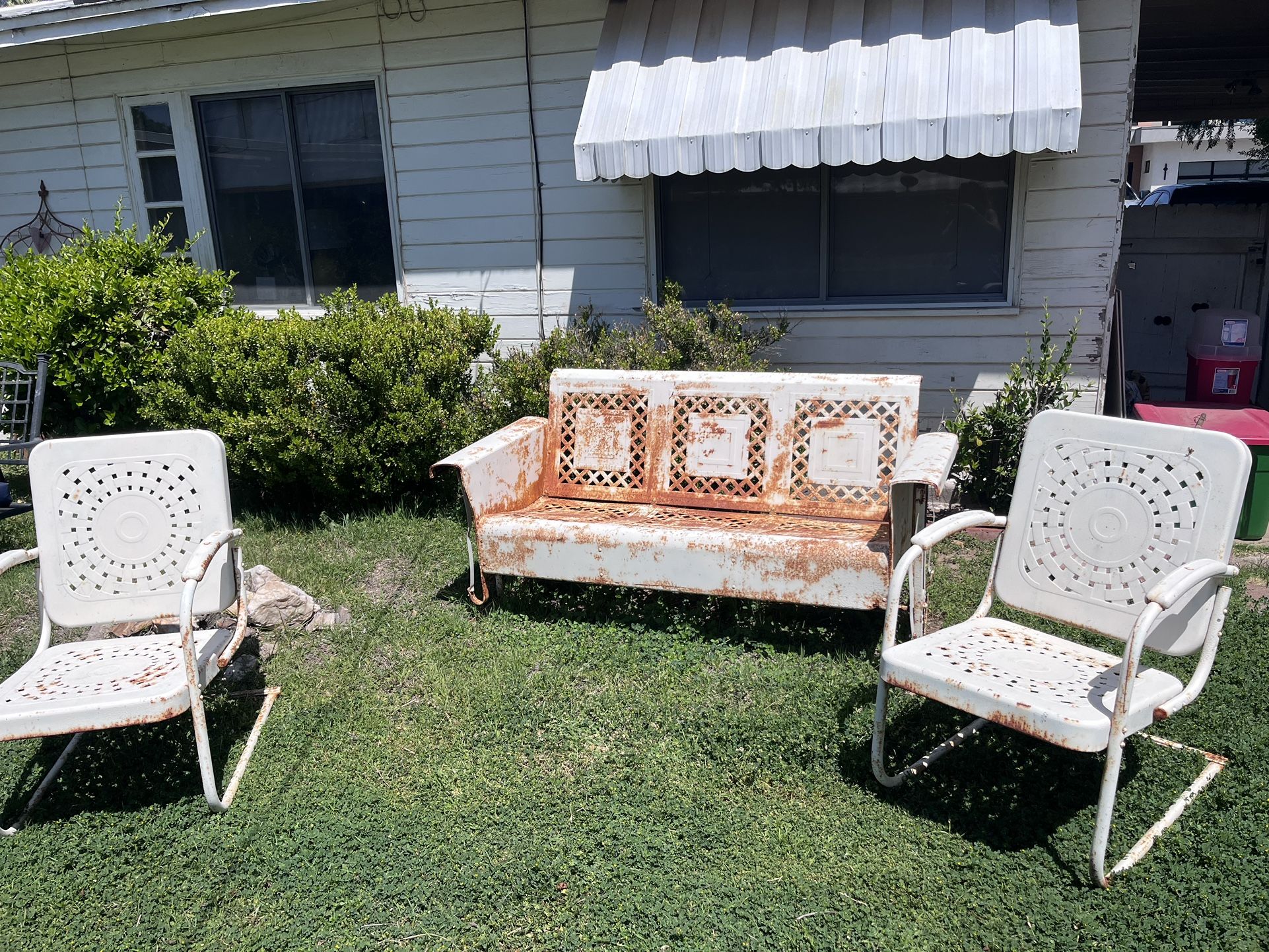 Vintage Outdoor Metal Porch Glider and 2 Chairs 