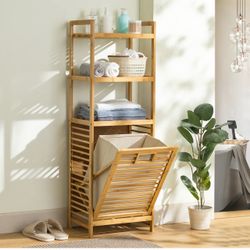 Bamboo Laundry Storage Shelf Clothes Hamper Removable Bathroom Organizer Basket