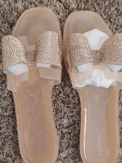 Rose Gold Plastic Sandals With Sparkling Bow
