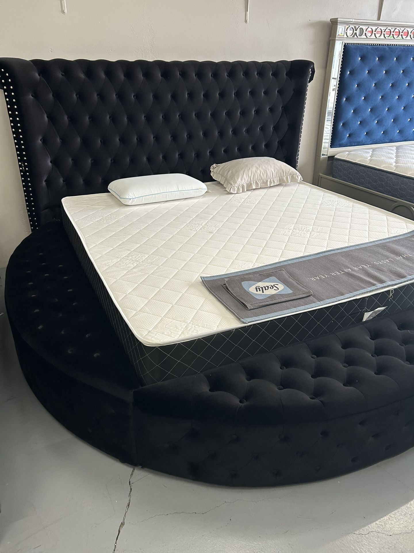 Black Round Tufted Bed Frames With Storage Available