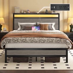 New Full Bed Frame with Storage Headboard & Storage Drawer, Charging Station & LED Light, No Box Spring Needed, Noise Free, Easy Assembly, Gray  New i