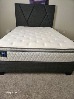 Charcoal bed frame eith Sealy Queen mattress. CASH ONLY