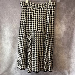Nine West Houndstooth Knit Midi Skirt Black Cream Flared Stretch Pull-On Small