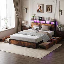 New in box King Bed Frame with 4 Storage Drawers and Adjustable Headboard Shelf, Metal Platform Captain Bed with Charging Station and RGB LED Lights, 
