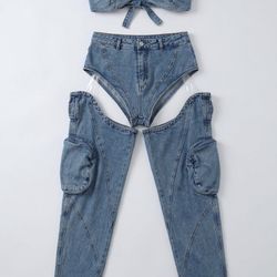 CONJUNTO DE MEZCLILLA (TOP STRAPLESS Y PANTALÓN CARGO) 