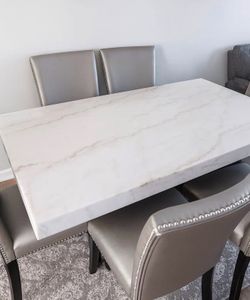 Artemis Marble Dining Table + 6 Upholstered Dining Chairs – Gray
