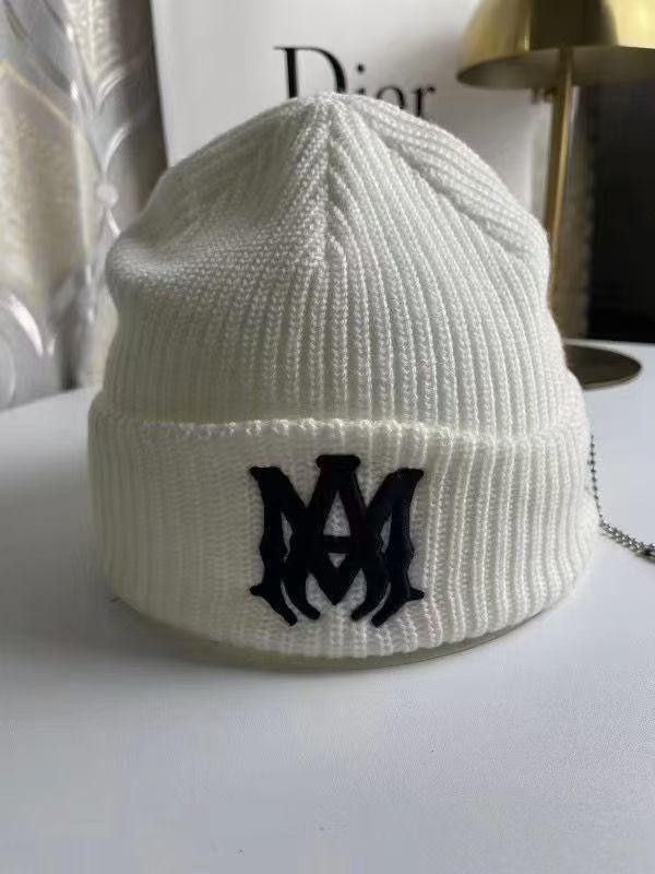 AMIRI White Knit Beanie Hat w/ Black Embroidered Logo