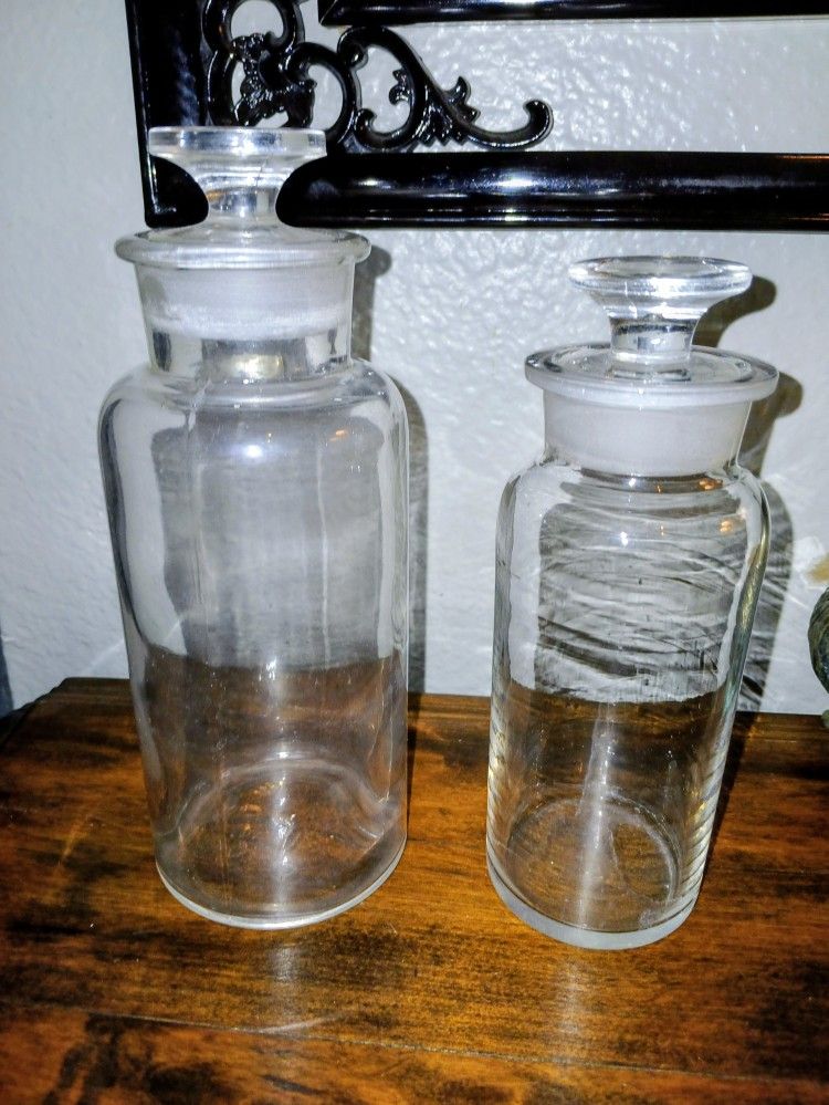 2 Apothecary Chemist Glass Ground Neck And Stoppers