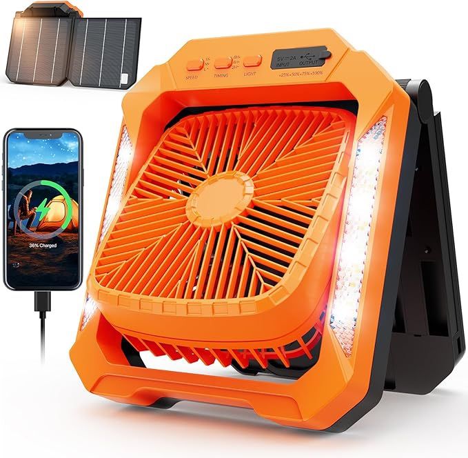 Brand New 26800mAh Portable Fan Rechargeable with 18W Detachable Solar Panel, Quiet Battery Powered Camping Fan Cordless with LED Lantern,3 Speed,Time