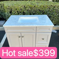 36”white single sink bathroom vanity with carrara white marble stone top