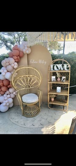 Peacock chair, Backdrop, Rattan Shelf And Balloons 💫