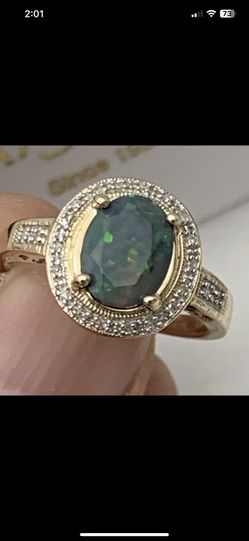 10K Gold Natural Rare Opal W/ Accent Genuine Diamonds Ring