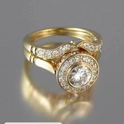 2 Pcs Halo Ring Inlaid Shiny Cubic Zirconia 18K Gold Plated Party Engagement Bride Wedding Ring Jewelry