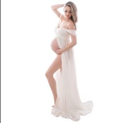 XX Maternity Dress For Photoshoot Off Shoulder Chiffon Gown Split Front Flowy Pregnancy Dress