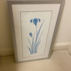 Silver Metal Framed Blue Floral Print 28.5 X 16 - Matted & Glass Front 