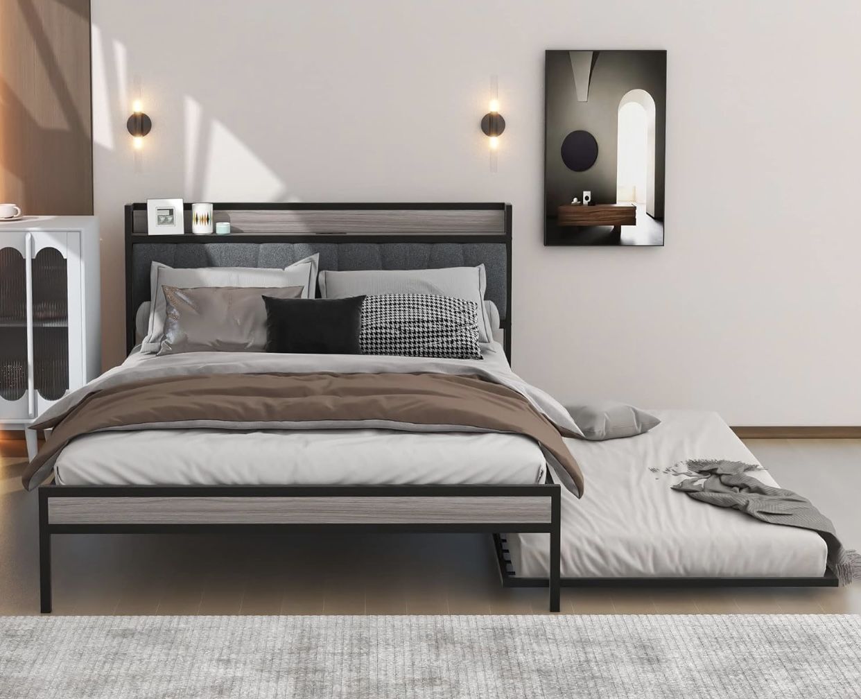 Merax Queen Size Metal Platform Bed Frame with Twin Size Trundle