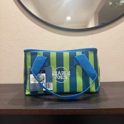 Striped Green & Blue Trader Joe's Insulated Mini Tote Bag Foldable Lunch Bag 2026