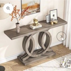 Jw0419. 55 inches Console Table with Geometric Base, Farmhouse Hallway Table, Wooden Entryway Sofa Table, Unique Long Accent Table for Decoration 