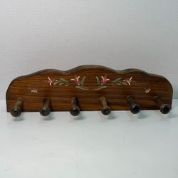 Wooden Wall 6 Peg Rack with Floral Design