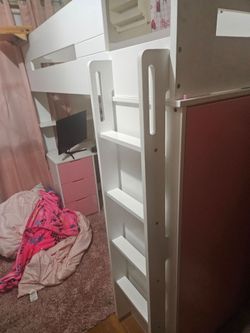 White and Pink Loft Bed with Desk and Closet
