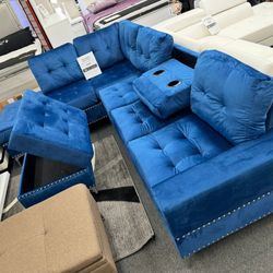 New Blue Reversible Sectional w/ Drop Down and Storage Ottoman