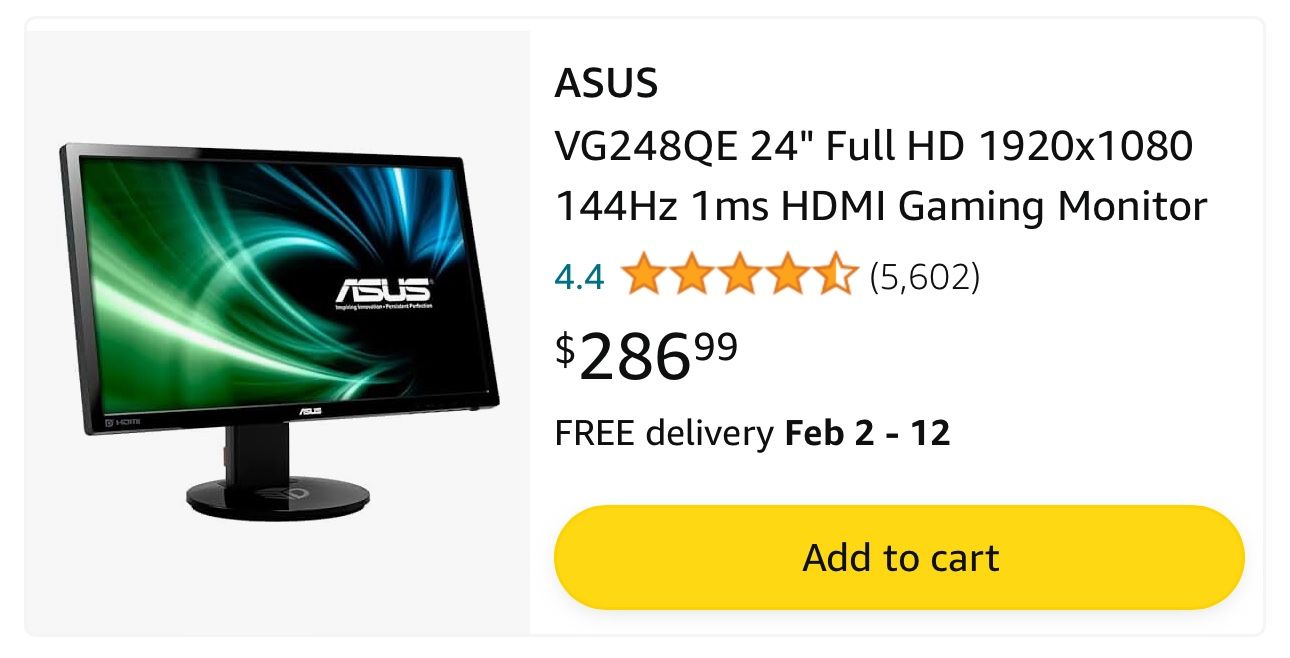 VG248QE 24 Full HD 1920x1080 144Hz 1ms HDMI Gaming Monitor