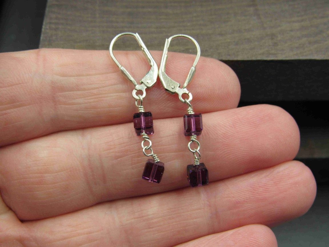 Sterling Silver Purple Box Crystal Earrings Vintage Wedding Engagement Anniversary Beautiful Everyday Minimalist Cute Sexy