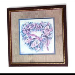Vintage Home Interiors 90's Framed Heart Shape Floral Wreath Love Birds Wall Art
