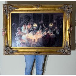 Vintage Gold Gilded Frame Art Painting Oil “The End of Dinner” Grun 46” x 35” Victorian Dinner Party
