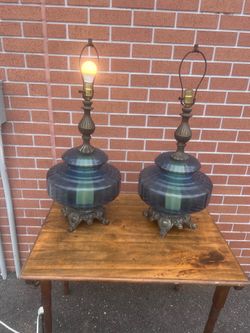 2 Vintage 1972 EF&EF Industries Blue Glass Table Lamp Brass Base 1 Works Read. The lamps both worked at one time. However, there were a miscommunicati
