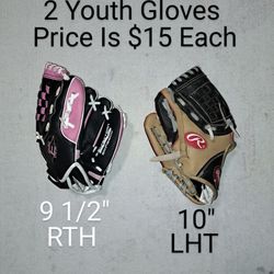 2 Youth Baseball Gloves (Price Is $15 Each)