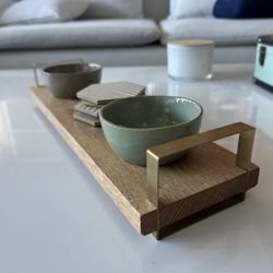 Wooden Serving Tray with Ceramic Bowls and Coasters
