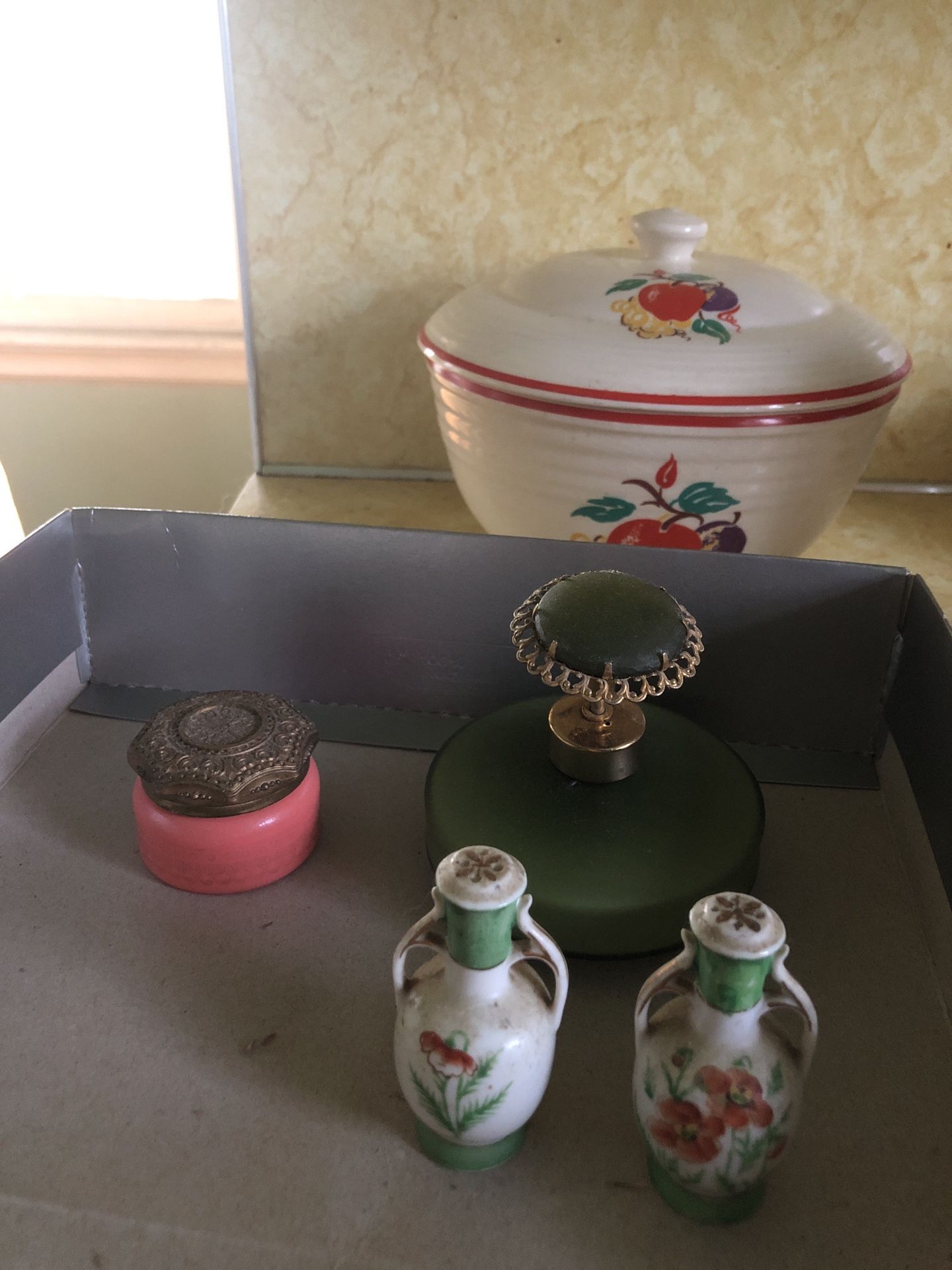 Antique Green Glass Perfume Container, Orange Glass Makeup Container And Antique Japanese Salt Pepper