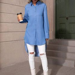 LUNE Solid Button Front High Low Hem Shirt