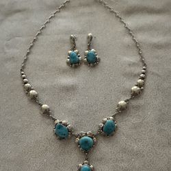 Sterling Silver & Navajo Turquoise Necklace & Earring Set $360