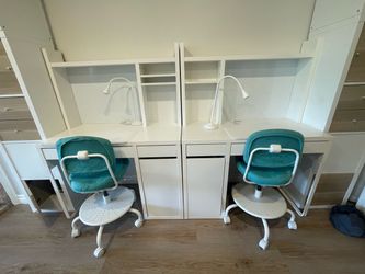 IKEA desk + organizer + kid chair + mat + light