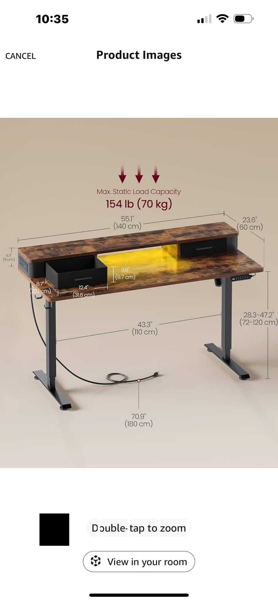 VASAGLE Electric Standing Desk with Drawers, 55.1 x 23.6 Inches, Sit Stand Desk with Power Outlet and LED Lights, Adjustable Height, Storage Shelf, 3 