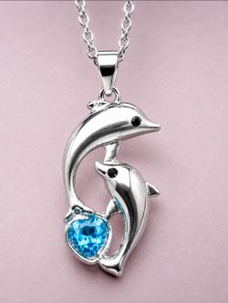 NEW Silver Tone Dolphin Heart Blue Crystal Pendant Necklace 17" + 2.5" Extender
