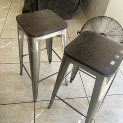 Gunmetal Gray Backless Bar Stools with Dark Wood Seat (Set of 2) 